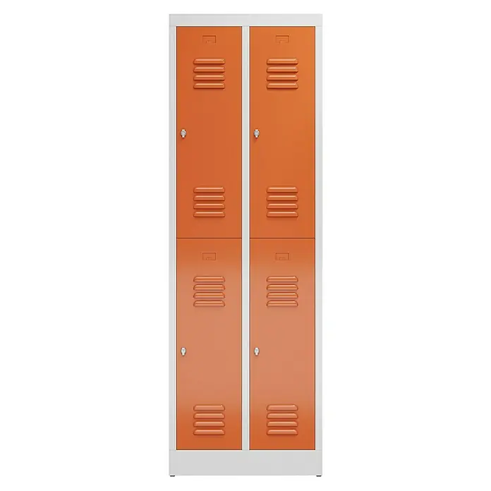Lüllmann ClassiX Spind - H x B x T: 180 x 59 x 50 cm, Lichtgrau/Feuerrot, Fertig montiert, Anzahl Fächer: 4 Stk. - Ein doppelter, orangefarbener Metallspind mit weißen Rahmen. Er bietet Stauraum und ist ideal für Umkleideräume.