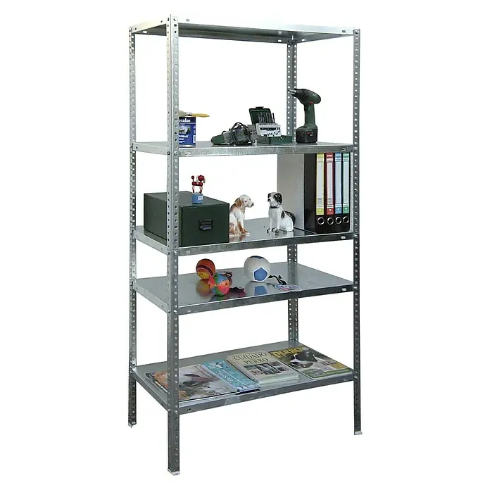 Simonrack Simonclassic Estantería metálica Comfort Superplus - Al x An x Pr: 200 x 110 x 50 cm, Capacidad de carga por balda: 100 kg, Número de baldas: 5 ud., Atornillado, Galvanizado - Estantería plateada con herramientas, libros y decoraciones. La estantería consta de cinco niveles, ofreciendo un amplio espacio de almacenamiento para varios objetos.