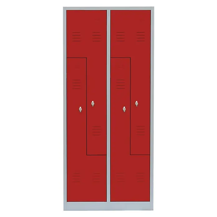 Lüllmann Z-Spind - H x B x T: 180 x 80 x 50 cm, Lichtgrau/Feuerrot, Fertig montiert, Anzahl Fächer: 4 Stk. - Ein roter Spind mit Metallrahmen und Belüftungsschlitzen für Schul- oder Sporteinrichtungen. Er bietet Stauraum und sichere Aufbewahrungsmöglichkeiten.