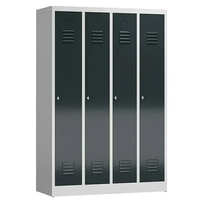 Lüllmann ClassiX Spind - H x B x T: 180 x 118,5 x 50 cm, Lichtgrau/Anthrazit, Fertig montiert, Anzahl Fächer: 1 Stk. - Schwarzer Metall-Spindschrank mit vier Fächern und silbernem Rahmen, ideal für sichere Aufbewahrung.