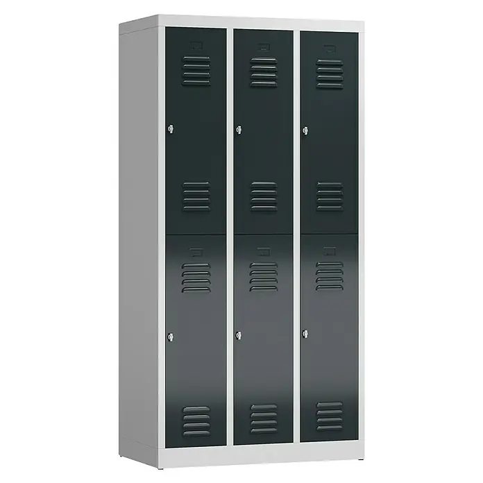 Lüllmann ClassiX Spind - H x B x T: 180 x 87 x 50 cm, Lichtgrau/Anthrazit, Fertig montiert, Anzahl Fächer: 6 Stk. - Hier ist ein Bild von einem stahlgrauen Spindschrank mit sechs Fächern und Belüftungsschlitzen.