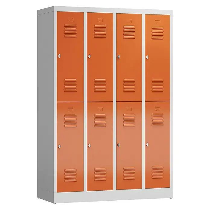 Lüllmann ClassiX Spind - H x B x T: 180 x 118,5 x 50 cm, Lichtgrau/Feuerrot, Fertig montiert, Anzahl Fächer: 8 Stk. - Metallschrank mit acht orangefarbenen Fächern und weißen Rahmen, ideal für Umkleideräume oder Schulen. Praktische und robuste Aufbewahrungslösung.