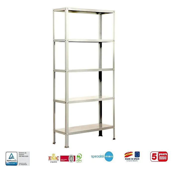 Simonrack Simonhome Estantería metálica Homeclassic Plus - Al x An x Pr: 180 x 100 x 30 cm, Capacidad de carga por balda: 100 kg, Número de baldas: 5 ud., Atornillado, Blanco - Imagen de una estantería metálica con cinco estantes, ideal para almacenamiento y organización.