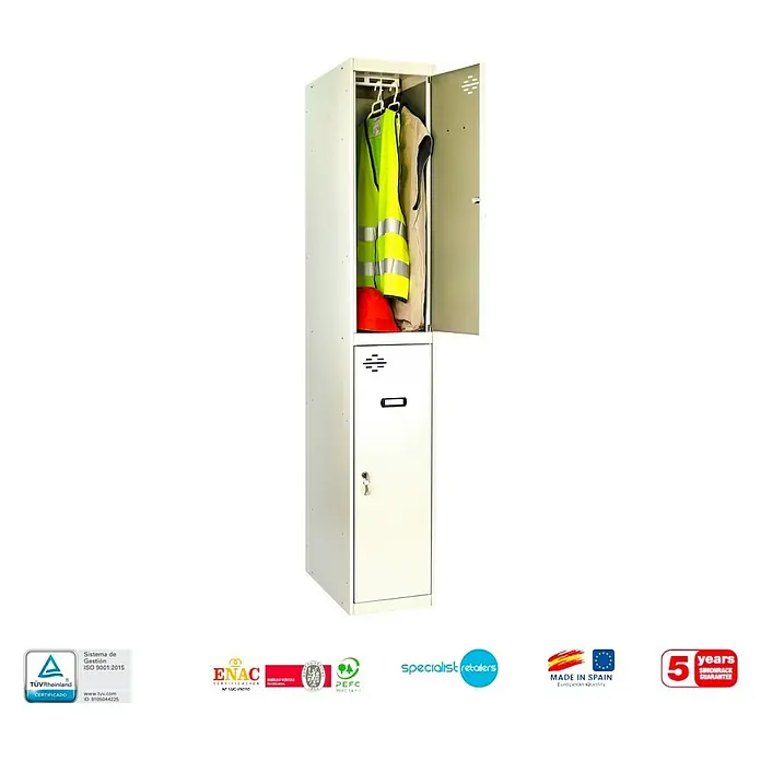 Simonrack Simonlocker Taquilla Tandem Inicial Desmontada - L x An x Al: 30 x 50 x 180 cm, Número de puertas: 2 ud., Gris/Gris - Un armario blanco y delgado con una puerta abierta que revela ropa de trabajo. Ideal para un almacenamiento seguro.