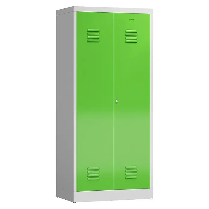 Lüllmann ClassiX Doppelspind - H x B x T: 180 x 80 x 50 cm, Lichtgrau/Gelbgrün, Fertig montiert, Anzahl Fächer: 2 Stk. - Grüner Metallschrank mit zwei Türen und Belüftungsschlitzen. Der Schrank ist ideal für Büros, Schulen oder Werkstätten.