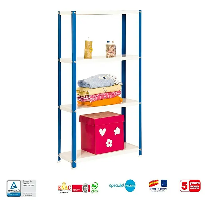 Simonrack Simonhome Estantería metálica Homeclassic Color Plus - Al x An x Pr: 160 x 100 x 40 cm, Capacidad de carga por balda: 100 kg, Número de baldas: 4 ud., Atornillado, Azul - Una estantería de cuatro niveles equipada con artículos, incluidos una vela, toallas y una caja rosa.