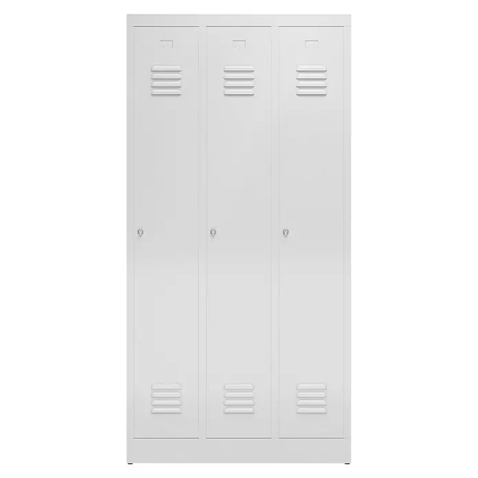 Lüllmann ClassiX Spind - H x B x T: 180 x 87 x 50 cm, Lichtgrau, Fertig montiert, Anzahl Fächer: 1 Stk. - Dreifachtüriger, weißer Metall-Spindschrank mit Lüftungsschlitzen für den privaten oder gewerblichen Gebrauch.
