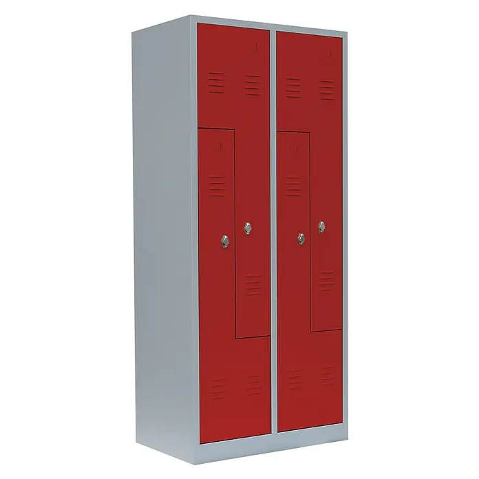 Lüllmann Z-Spind - H x B x T: 180 x 80 x 50 cm, Lichtgrau/Feuerrot, Fertig montiert, Anzahl Fächer: 4 Stk. - Ein zweitüriger Garderobenschrank in Grau und Rot mit Lüftungsschlitzen und Drehriegelverschluss bietet praktischen Stauraum.