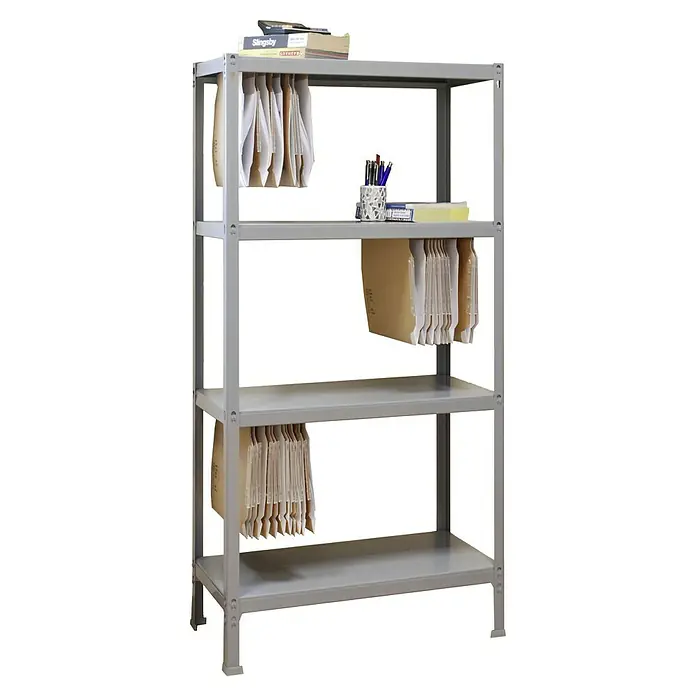 Simonrack Simonhome Metallregal Fileclick Mini - H x B x T: 160 x 100 x 36 cm, Anzahl Böden: 4 Stk., Stecken, Grau/Grau - Ein graues Regal mit vier Ablagen ist mit Ordnern, Stiften und Büchern bestückt. Das Regal dient zur Aufbewahrung von Büroartikeln.