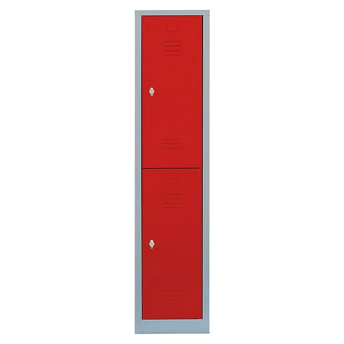 Lüllmann Spind - H x B x T: 180 x 41,5 x 50 cm, Lichtgrau/Feuerrot, Fertig montiert, Anzahl Fächer: 2 Stk. - Ein roter, zweistöckiger Metallschrank mit Lüftungsschlitzen und Drehriegelverschluss, ideal für Umkleideräume oder Schulen.