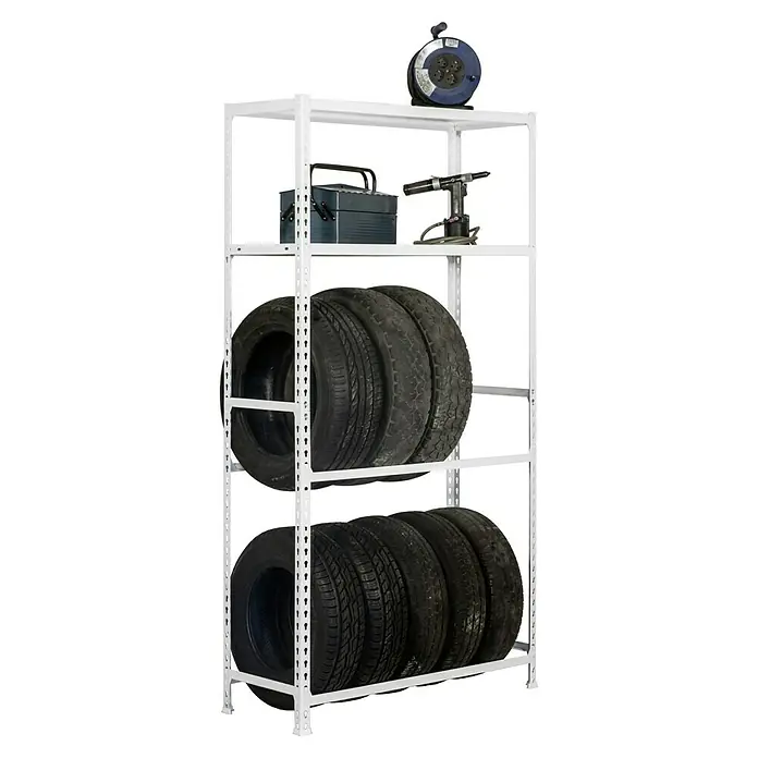 Simonrack Simonauto Reifenregal Simongarage MegaPlus - H x B x T: 200 x 120 x 40 cm, Traglast pro Träger: 180 kg, Anzahl Böden: 2 Stk., Stecken, Weiß - Ein weißes Regal mit vier Reifen auf zwei Regalböden, Werkzeug und einer Kabeltrommel.