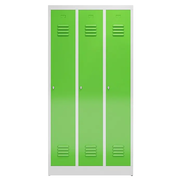 Lüllmann ClassiX Spind - H x B x T: 180 x 87 x 50 cm, Lichtgrau/Gelbgrün, Fertig montiert, Anzahl Fächer: 1 Stk. - Dreifach-Spindschrank in Grün mit weißen Rahmen, ideal zur Aufbewahrung in Schulen oder Umkleideräumen. Robuste und praktische Lösung.