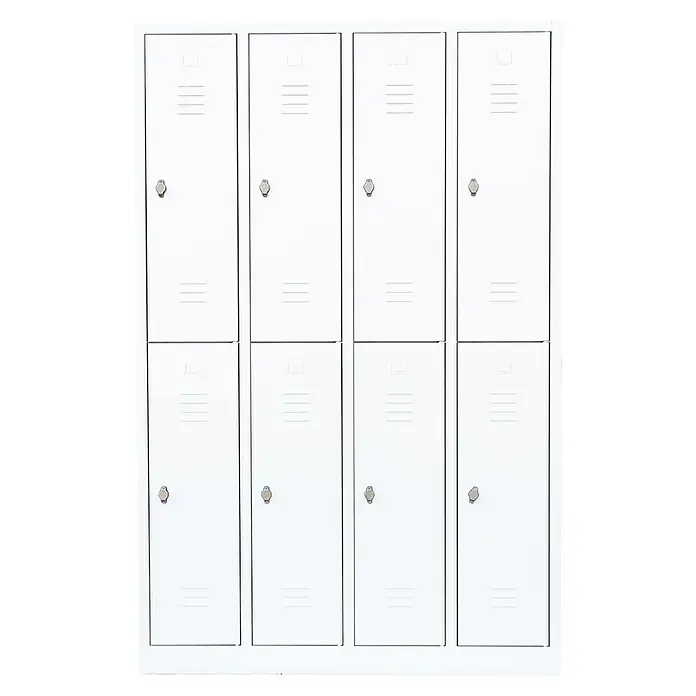 Lüllmann Spind - H x B x T: 180 x 117 x 50 cm, Signalweiß, Fertig montiert, Anzahl Fächer: 8 Stk. - Weißer Schließfachschrank mit acht Fächern in zwei Reihen, ideal für Schulen oder Umkleideräume, bietet viel Stauraum.