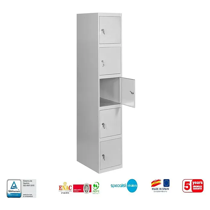 Simonrack Simonlocker Taquilla locker Prof. Inicial Desmontada - L x An x Pr: 50 x 40 x 50 cm, Gris/Gris, Número de puertas: 5 ud. - Fotografía de un armario metálico blanco con cinco compartimentos, uno de ellos abierto.