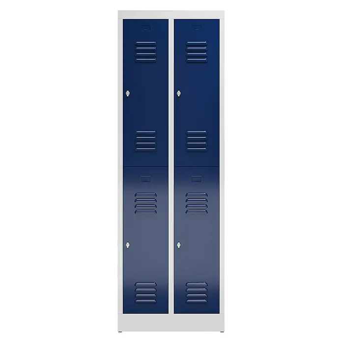 Lüllmann ClassiX Spind - H x B x T: 180 x 59 x 50 cm, Lichtgrau/Enzianblau, Fertig montiert, Anzahl Fächer: 4 Stk. - Doppelte, marineblaue Schließfächer mit Schlössern und Lüftungsschlitzen in einem weißen Rahmen, ideal für Schulen oder Fitnessstudios.