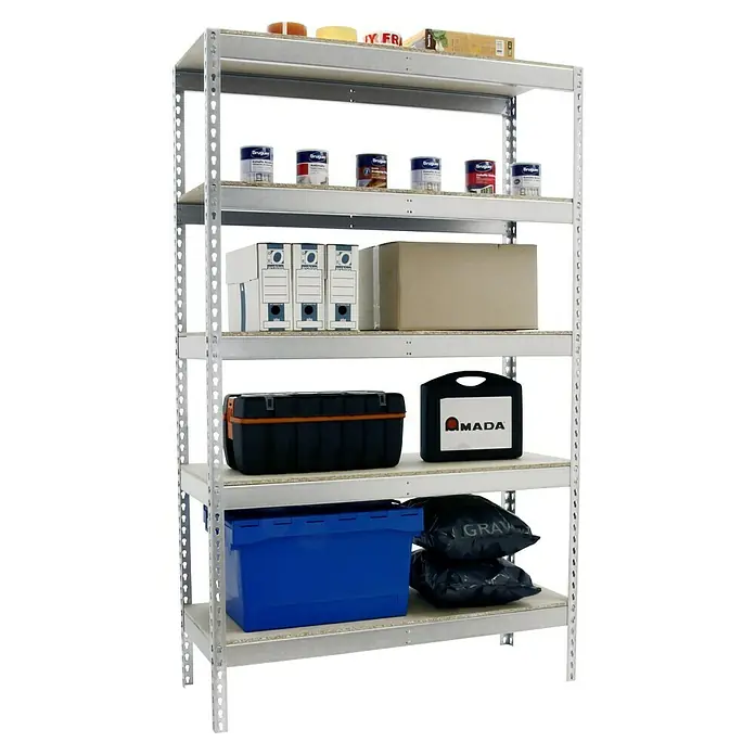 Simonrack Simontaller Schwerlastregal Ecoforte Chipboard - H x B x T: 250 x 150 x 75 cm, Traglast pro Boden: 400 kg, Anzahl Böden: 5 Stk., Stecken, Silber - Ein Metallregal mit fünf Regalböden, auf denen verschiedene Gegenstände wie Farbeimer, Ordner und Kisten gelagert werden.