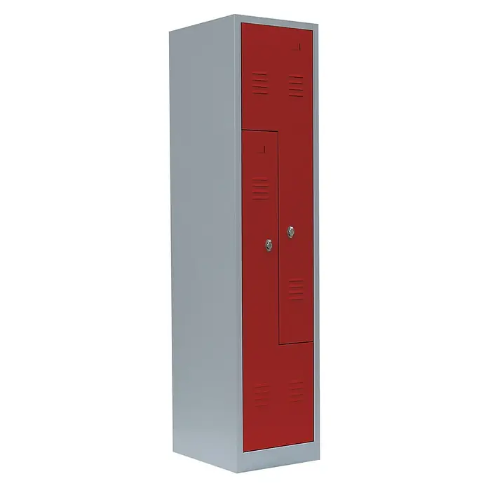 Lüllmann Z-Spind - H x B x T: 180 x 41,5 x 50 cm, Lichtgrau/Feuerrot, Fertig montiert, Anzahl Fächer: 2 Stk. - Ein grauer Metallschrank mit roten Türen und Lüftungsschlitzen. Der Schrank hat zwei Abteile mit Drehriegelverschlüssen und bietet Stauraum.