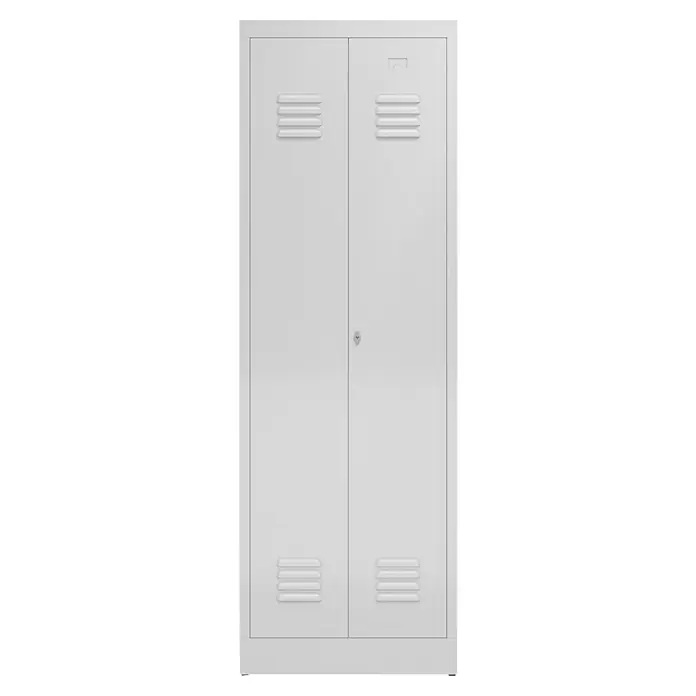 Lüllmann ClassiX Doppelspind - H x B x T: 180 x 60 x 50 cm, Signalweiß, Fertig montiert, Anzahl Fächer: 2 Stk. - Ein weißer Metallspind mit zwei Türen, ausgestattet mit Lüftungsschlitzen und einem Schloss, perfekt für Büro oder Schule.