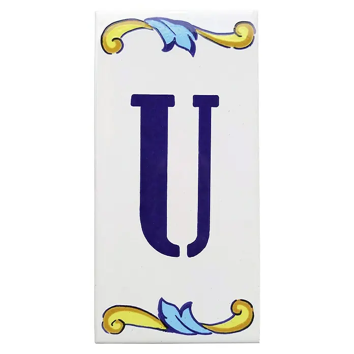 Pavimento cerámico Letra U - 7,5 x 15 cm, Blanco/Azul/Amarillo, Brillante - Baldosa de cerámica con la letra U. El color azul y los ornamentos florales decoran esta baldosa decorativa. Ideal para rótulos personalizados.