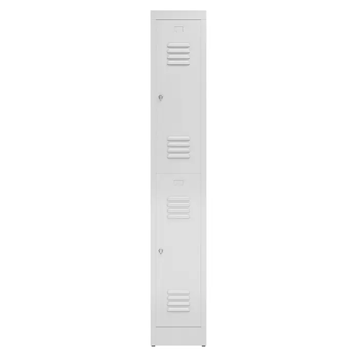 Lüllmann ClassiX Spind - H x B x T: 180 x 31 x 50 cm, Lichtgrau, Fertig montiert, Anzahl Fächer: 2 Stk. - Aufnahme eines weißen Metallspinds mit Lüftungsschlitzen und Schlössern, ideal für Schulen oder Fitnessstudios.