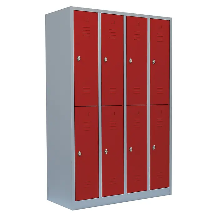 Lüllmann Spind - H x B x T: 180 x 117 x 50 cm, Lichtgrau/Feuerrot, Fertig montiert, Anzahl Fächer: 8 Stk. - Roter Spindschrank mit acht Fächern und grauem Rahmen. Ideal für Schulen, Sportvereine oder Büros zur sicheren Aufbewahrung von persönlichen Gegenständen.