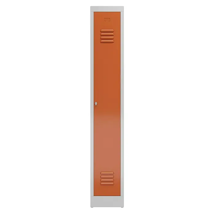 Lüllmann ClassiX Spind - H x B x T: 180 x 31 x 50 cm, Lichtgrau/Feuerrot, Fertig montiert, Anzahl Fächer: 1 Stk. - Schrank: Orangefarbener Spind mit Lüftungsschlitzen und silbernem Rahmen. Ideal für Sportvereine, Schulen oder Mitarbeiterumkleiden.