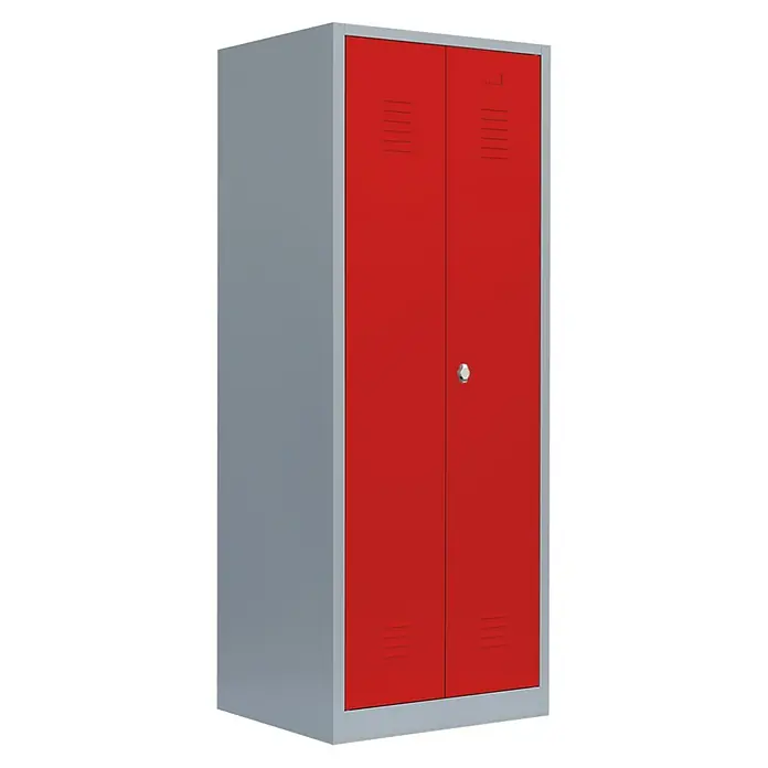 Lüllmann Doppelspind - H x B x T: 180 x 80 x 50 cm, Lichtgrau/Feuerrot, Fertig montiert, Anzahl Fächer: 2 Stk. - Roter und grauer zweitüriger Stahlschrank mit Lüftungsschlitzen. Das Produkt ist robust und ideal für die Aufbewahrung.