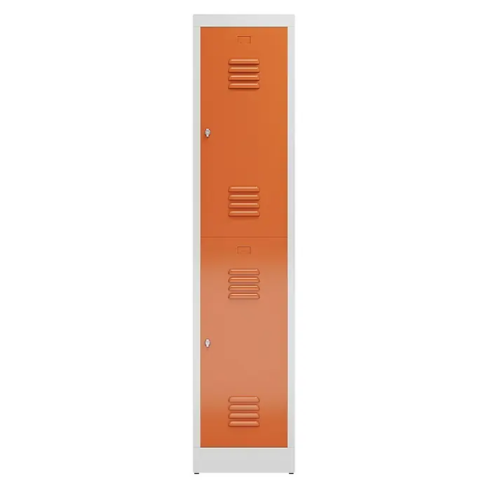 Lüllmann ClassiX Spind - H x B x T: 180 x 41,5 x 50 cm, Lichtgrau/Feuerrot, Fertig montiert, Anzahl Fächer: 2 Stk. - Abbildung eines orangefarbenen Metallschrankes mit zwei Fächern, ideal für die Aufbewahrung in Schulen oder Sporteinrichtungen.