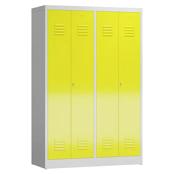 Lüllmann ClassiX Doppelspind - H x B x T: 180 x 118,5 x 50 cm, Lichtgrau/Zinkgelb, Fertig montiert, Anzahl Fächer: 4 Stk. - Gelber Metall-Spindschrank mit vier Türen für Schulen oder Fitnessstudios. Praktische Aufbewahrung mit Belüftungsschlitzen.