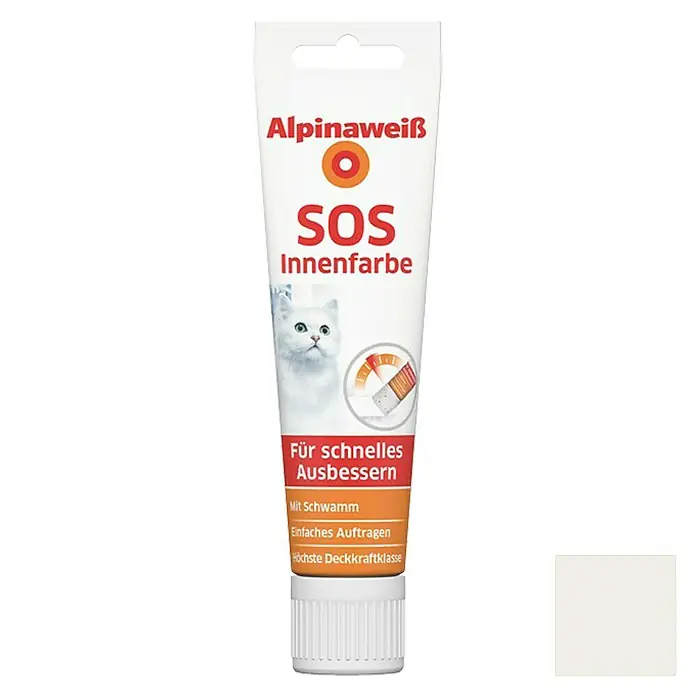 Alpina Alpinaweiss Ausbesserungsfarbe SOS Innenfarbe - Weiß, Matt, 100 ml, Konservierungsmittelfrei - Abbildung einer Tube Alpinaweiß SOS Innenfarbe. Perfekt zur schnellen Ausbesserung von Innenräumen, einfache Anwendung und höchste Deckkraft.