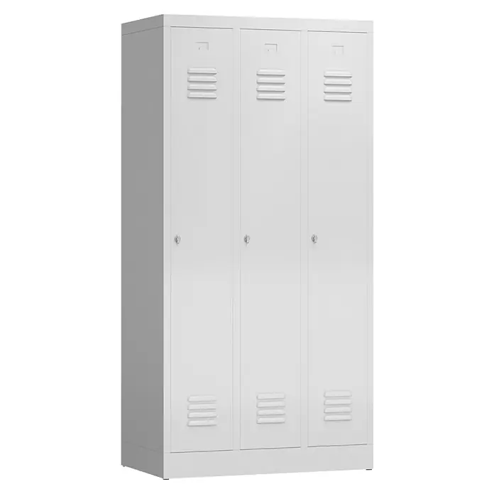 Lüllmann ClassiX Spind - H x B x T: 180 x 87 x 50 cm, Lichtgrau, Fertig montiert, Anzahl Fächer: 1 Stk. - Ein dreitüriger, weißer Spindschrank für Büro oder Umkleideraum. Er bietet viel Stauraum und ist mit Lüftungsschlitzen versehen.