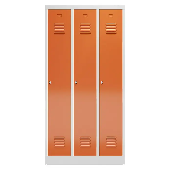 Lüllmann ClassiX Spind - H x B x T: 180 x 87 x 50 cm, Lichtgrau/Feuerrot, Fertig montiert, Anzahl Fächer: 1 Stk. - Abbildung eines dreitürigen, orangefarbenen Metallspinds mit weißem Rahmen.
