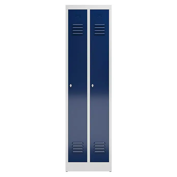 Lüllmann ClassiX Spind - H x B x T: 180 x 50 x 50 cm, Lichtgrau/Enzianblau, Fertig montiert, Anzahl Fächer: 2 Stk. - Ein blauer Metallschrank mit zwei Türen und silberfarbenem Rahmen. Perfekt für Schule, Fitnessstudio oder Büro zur sicheren Aufbewahrung.