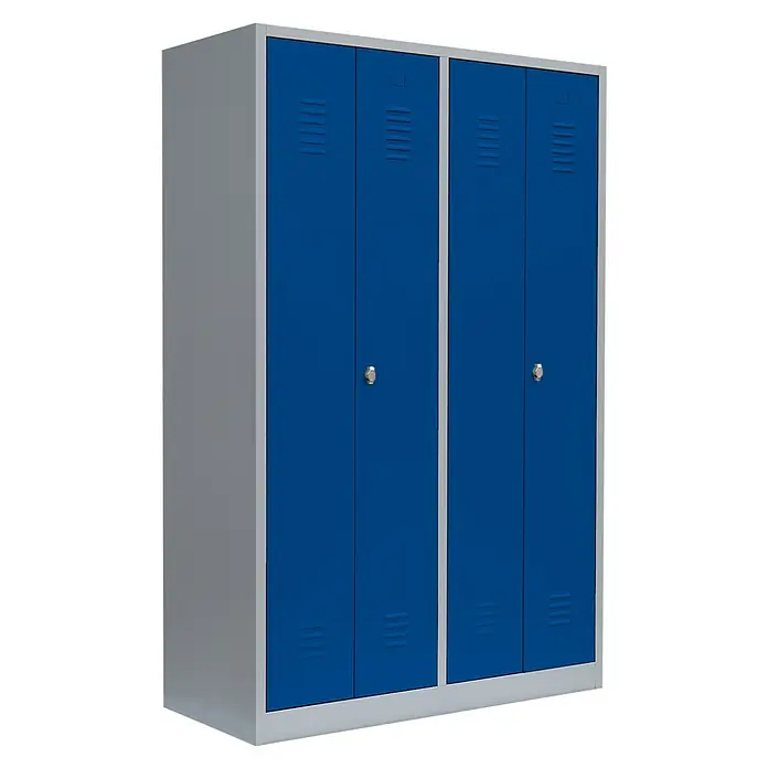 Lüllmann Doppelspind - H x B x T: 180 x 117 x 50 cm, Lichtgrau/Enzianblau, Fertig montiert, Anzahl Fächer: 4 Stk. - Ein blauer Spindschrank mit vier Fächern und silberfarbenem Rahmen bietet Stauraum für Sport oder Arbeit. Perfekt für Umkleideräume!