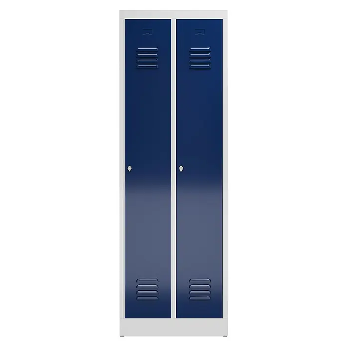 Lüllmann ClassiX Spind - H x B x T: 180 x 59 x 50 cm, Lichtgrau/Enzianblau, Fertig montiert, Anzahl Fächer: 1 Stk. - Ein blauer Metallspind mit zwei Abteilen, ideal für die Aufbewahrung von persönlichen Gegenständen in Schulen oder Fitnessstudios.