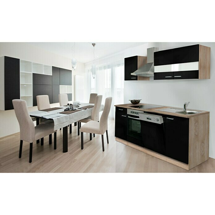 Respekta Composición de cocina (Ancho: 220 cm, Con dispositivos eléctricos, Negro)