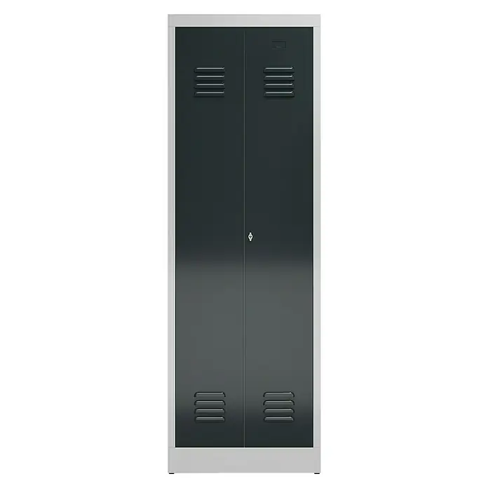 Lüllmann ClassiX Doppelspind - H x B x T: 180 x 60 x 50 cm, Lichtgrau/Anthrazit, Fertig montiert, Anzahl Fächer: 2 Stk. - Abbildung eines grauen Metallschranks mit zwei Türen, Lüftungsschlitzen und einem silbernen Rahmen.