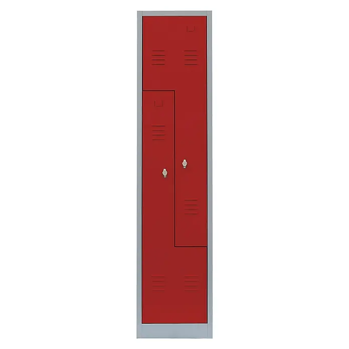 Lüllmann Z-Spind - H x B x T: 180 x 41,5 x 50 cm, Lichtgrau/Feuerrot, Fertig montiert, Anzahl Fächer: 2 Stk. - Roter Stahl-Schließschrank mit zwei Abteilen, ideal für Schulen oder Umkleideräume, bietet robuste Aufbewahrung.