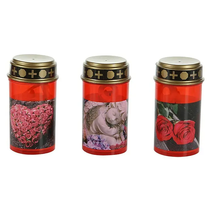 LED-Grablampe Tumba - Ø x H: 7 x 13 cm, Rot - Drei rote Grablichter mit verschiedenen Motiven, darunter Rosenherz, Engel und rote Rosen, alle mit goldenem Deckel.