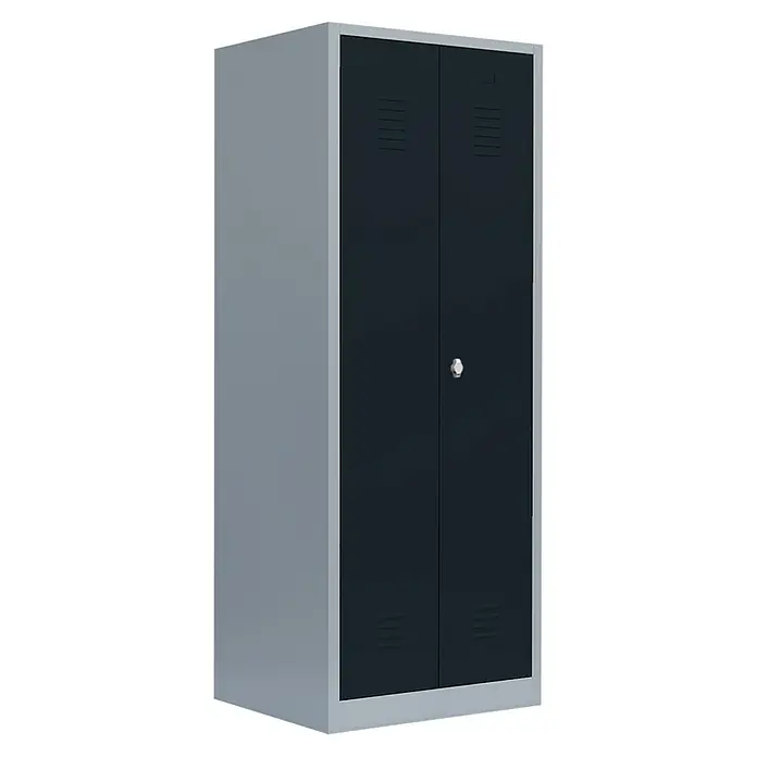 Lüllmann Doppelspind - H x B x T: 180 x 80 x 50 cm, Lichtgrau/Anthrazit, Fertig montiert, Anzahl Fächer: 2 Stk. - Abbildung eines grauen Stahlschranks mit zwei dunklen Türen und einem silbernen Schloss. Ideal für Büro oder Werkstatt.