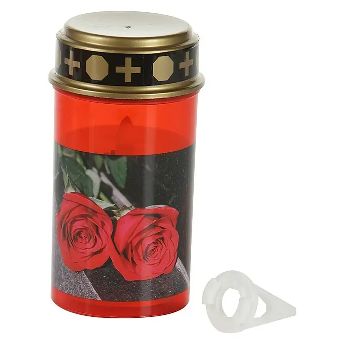 LED-Grablampe Tumba - Ø x H: 7 x 13 cm, Rot - Rote Grabkerze mit Rosenmotiv und Kreuzen auf dem Deckel, inklusive Kunststoffaufsatz für den Außenbereich.