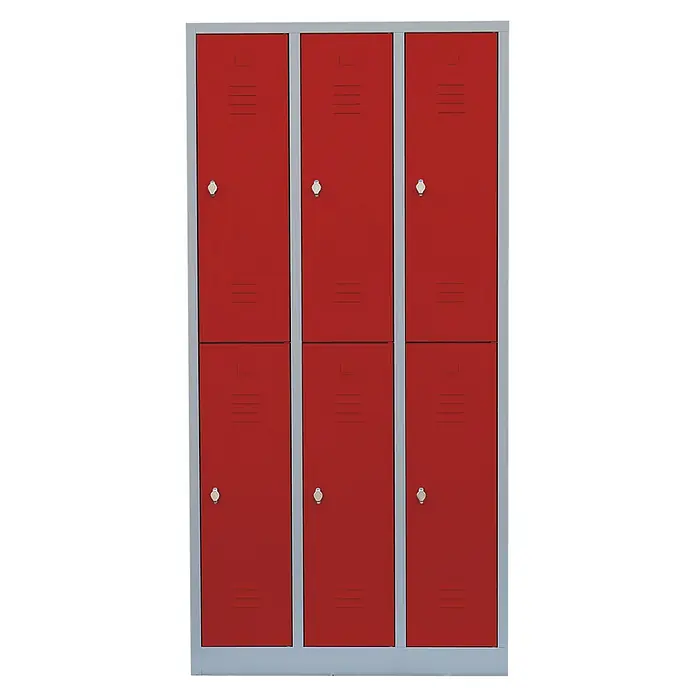 Lüllmann Spind - H x B x T: 180 x 88,5 x 50 cm, Lichtgrau/Feuerrot, Fertig montiert, Anzahl Fächer: 6 Stk. - Eine rote Metallspindanlage mit sechs Fächern und silbernen Rahmen, ideal für Schulen, Umkleideräume und Sporteinrichtungen.