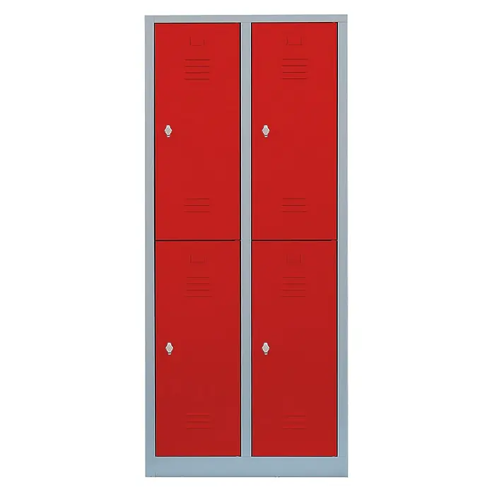 Lüllmann Spind - H x B x T: 180 x 80 x 50 cm, Lichtgrau/Feuerrot, Fertig montiert, Anzahl Fächer: 4 Stk. - Roter Spind mit vier Fächern und grauem Rahmen. Ideal für Schulen, Umkleideräume oder Fitnessstudios zur sicheren Aufbewahrung persönlicher Gegenstände.