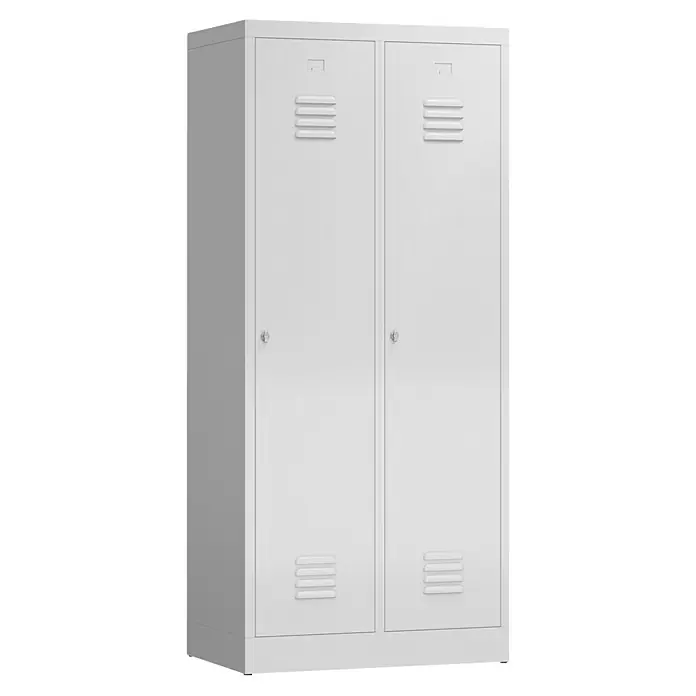 Lüllmann ClassiX Spind mit S/W-Trennung - H x B x T: 180 x 80 x 50 cm, Lichtgrau, Fertig montiert, Anzahl Fächer: 2 Stk. - Ein zweitüriger, weißer Metallspind mit Lüftungsschlitzen und einem einfachen Schloss. Ideal für Büro oder Umkleideraum.
