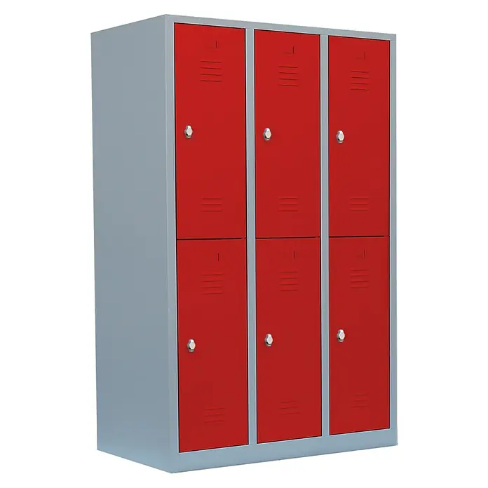 Lüllmann Spind - H x B x T: 180 x 118,5 x 50 cm, Lichtgrau/Feuerrot, Fertig montiert, Anzahl Fächer: 6 Stk. - Ein grauer Spindschrank mit sechs roten Türen und silbernen Griffen. Ideal für Umkleideräume oder Schulen, bietet er viel Stauraum.