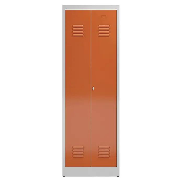Lüllmann ClassiX Doppelspind - H x B x T: 180 x 60 x 50 cm, Lichtgrau/Feuerrot, Fertig montiert, Anzahl Fächer: 2 Stk. - Detailaufnahme eines orangefarbenen, zweitürigen Metallschranks mit silberfarbenem Rahmen und Lüftungsschlitzen.