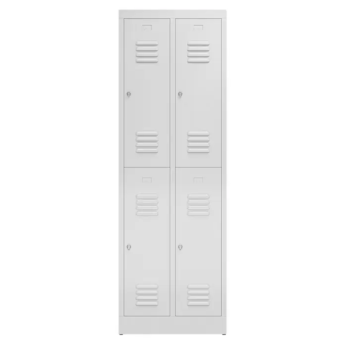 Lüllmann ClassiX Spind - H x B x T: 180 x 59 x 50 cm, Lichtgrau, Fertig montiert, Anzahl Fächer: 4 Stk. - Eine Nahaufnahme von einem Metallschrank mit vier Türen, der sich ideal für die sichere Aufbewahrung eignet.