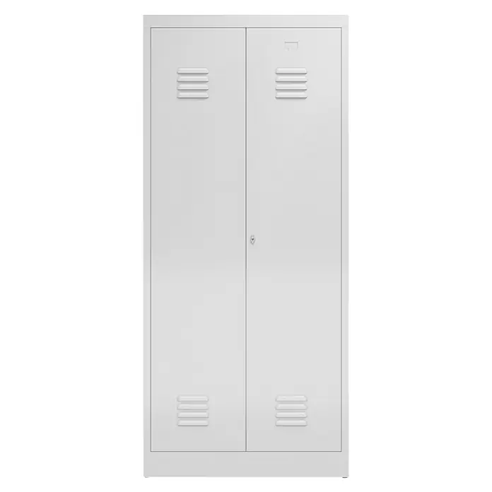 Lüllmann ClassiX Doppelspind - H x B x T: 180 x 80 x 50 cm, Lichtgrau, Fertig montiert, Anzahl Fächer: 2 Stk. - Ein weißer Metallschrank mit zwei Türen und Lüftungsschlitzen. Praktisches und robustes Möbelstück für Büro oder Werkstatt.