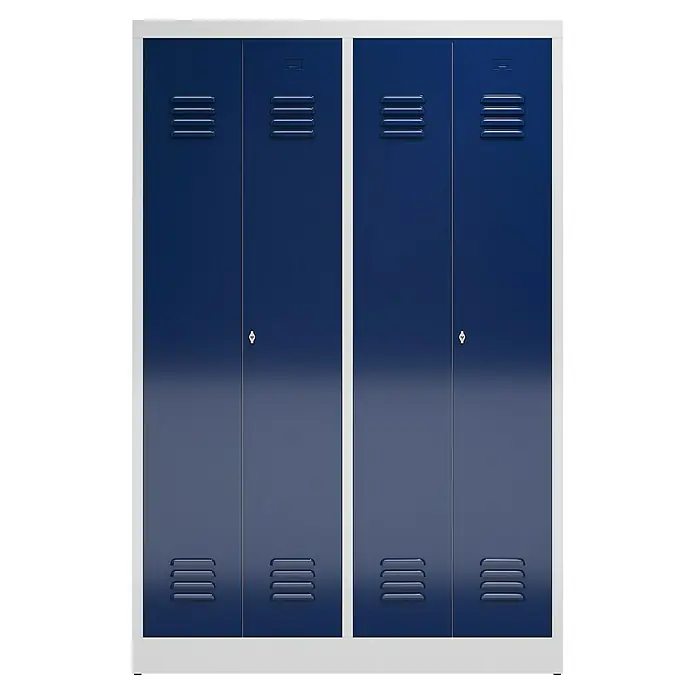 Lüllmann ClassiX Doppelspind - H x B x T: 180 x 118,5 x 50 cm, Lichtgrau/Enzianblau, Fertig montiert, Anzahl Fächer: 4 Stk. - Blaue Metallschränke mit weißen Rahmen, ideal für Schulen oder Umkleideräume, bieten sichere Aufbewahrungsmöglichkeiten.