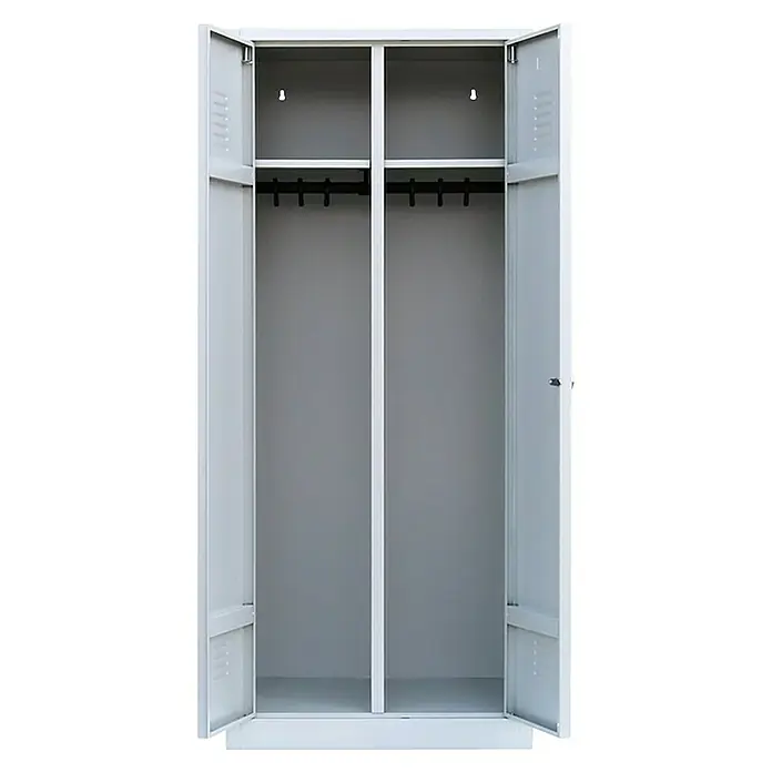 Lüllmann Doppelspind - H x B x T: 180 x 80 x 50 cm, Lichtgrau, Fertig montiert, Anzahl Fächer: 2 Stk. - Offener, grauer Metallspind mit Regalen und Kleiderstange. Ideal zur Aufbewahrung von Kleidung und persönlichen Gegenständen.